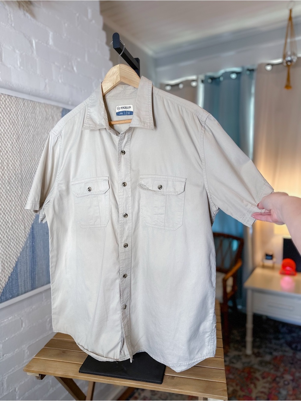 Magellan Tan Double Breasted Button Up Short Sleeve Collared Shirt